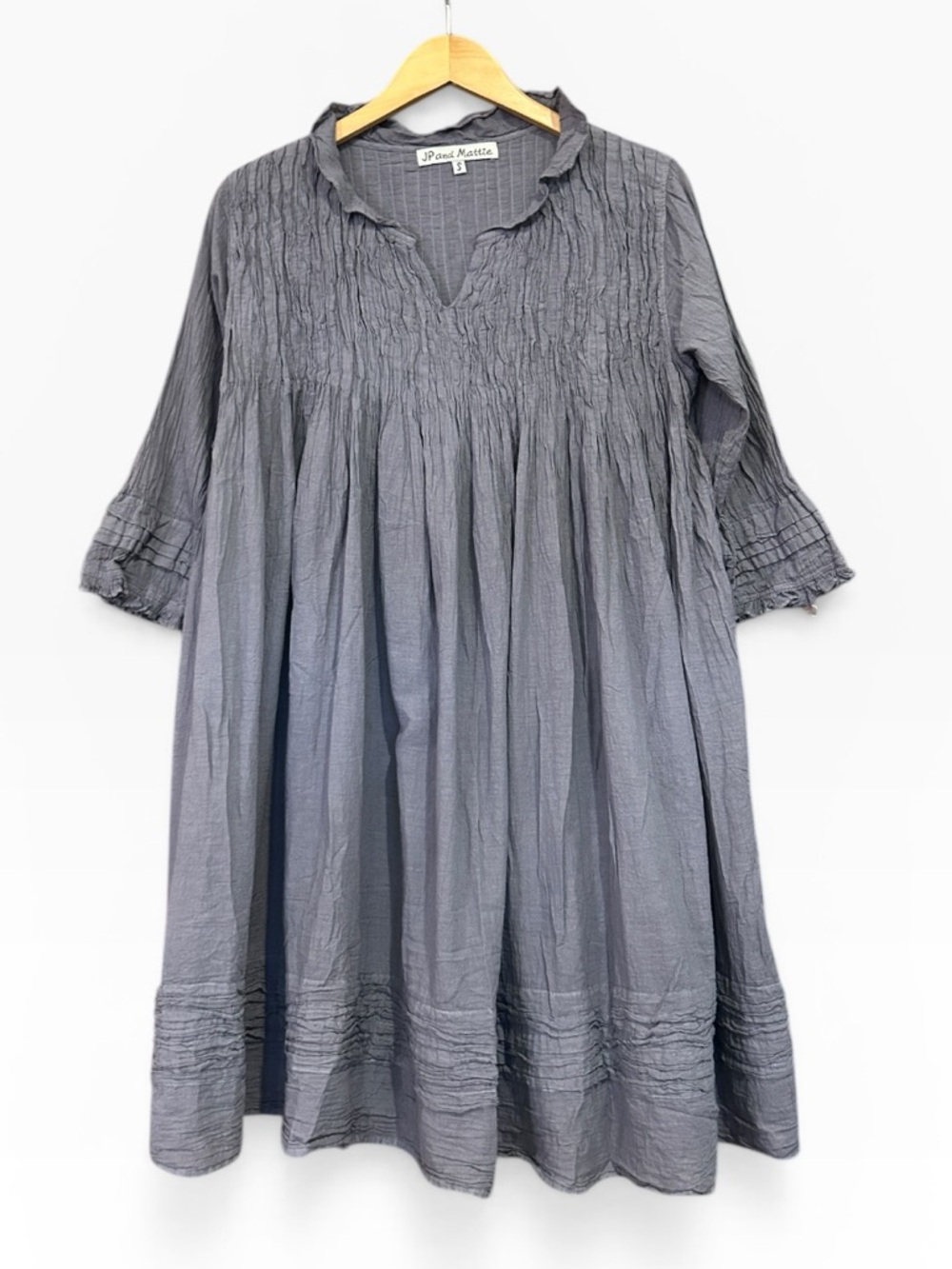 JP and Mattie Boho Frida Smocked Dress Lagenlook Cottagecore Gray Size Small
